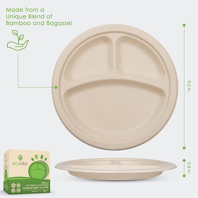 Ecovita 100% Compostable Paper Plates [9 in.] COMPARTMENTS – 150 Disposable Plates Eco Friendly Sturdy Tree Free Liquid and Heat Resistant Alternative to Plastic or Paper Plates