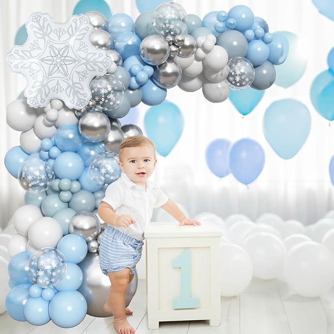 HILAVO Snowflake Balloon Arch kit, 128PCS Blue Silver White Balloon Garland with Snowflake Foil Balloons for Winter Wonderland Christmas Holiday Baby Shower Snow Princess Birthday Party Decorations