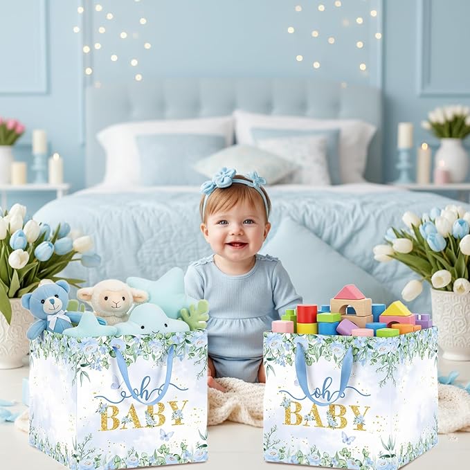 Woosytoo Extra Large Baby Boy Gift Bag, Baby Shower Square Gift Bags Blue Floral Wrapping Paper Bag Oh Baby Jumbo Gift Bags for Boys New Parents Gender Reveal Party Favors
