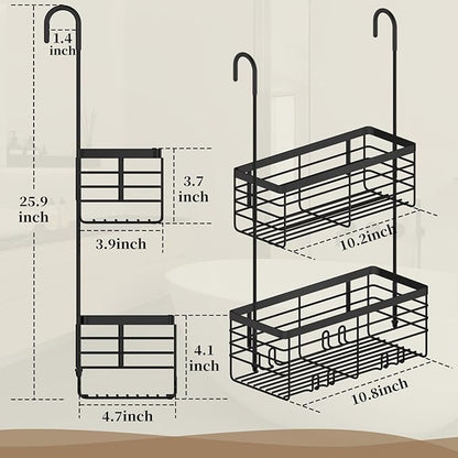 DELLAN 2-Tier Shower Hanging Caddy, Shower Rack with Hooks Over the Door, Stainless Steel Hanging Orangizer and Basket (Black)