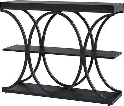 Garvee 39" Narrow Console Tables for Entryway, Industrial 3-Tier Sofa Table with Round Metal Base and Storage Shelves for Living Room, Hallway, Foyer, Black Wood Grain
