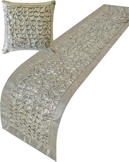 The HomeCentric King/Queen/Twin Silver Decorative Bed Runner Queen 74"x18" Bed Runner with Two Pillow Cover, Foil, Knotted,Textured Bed Scarf on Jacquard Fabric - Polished Silver