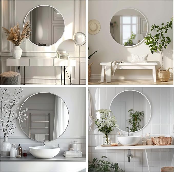 Sunniry White Round Mirror 26 inch, Circle Bathroom Mirror Matte Metal Frame, Circle Mirrors for Living Room, Bathroom, Wall, Hallway.