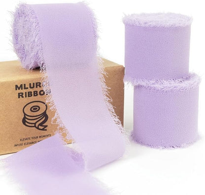 Lavender Chiffon Ribbon - 1-1/2 Inch x 21 Yards, Handmade Fringe, Lilac Chiffon Silk, Boho Frayed, Light Purple for Wedding Invitation, Bridal Flower Bouquets, Gift Wrapping