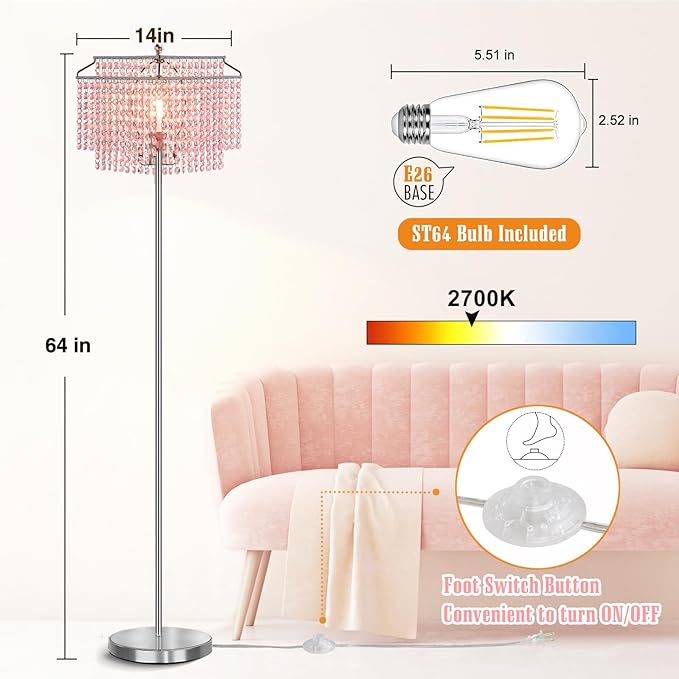 Luvkczc Pink Crystal Floor Lamp, 64" Tall Standing Lamps with Double-Layer Lampshade, Floor Lamps with On/Off Foot Switch, Elegant Floor Lamp for Living Room, Girl Bedroom, Dresser, Office