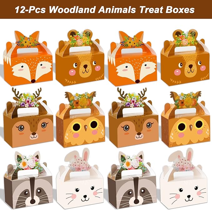 Tevxj 24 Pieces Woodland Animals Party Favors Boxes Woodland Treat Bags for Baby Shower Forest Animal Birthday Favors Candy Goodies Gift Bags for Kids Birthday Decorations Supplies 6 x 3 x 3.5 Inches