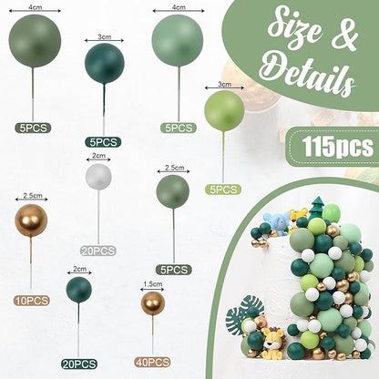 115 PCS Ball Cake Toppers - Mini Balloon Cake Decorations Foam Ball Cupcake Picks DIY cake Insert Toppers for Birthday Party Wedding Baby Shower - Green Theme