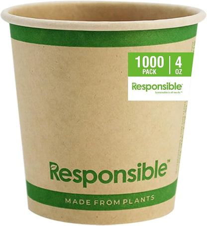 Responsible Products 4 oz Paper Hot Cups, Tree-Less™ Compostable Paper Coffee Cups, Extra Strength, Tree-Free and Made Without PFAS, Natural Brown (1000 Count)