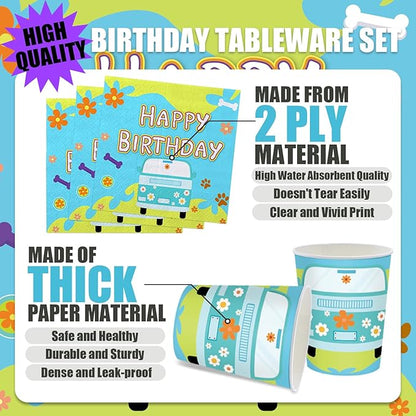 168PCS Mysterious Car Hippie Party Decorations for Kids Cartoon Dog Paw Themd 1st 2nd Birthday Party Supplies Groovy Daisy Favors Tableware with Plates Napkin Cups for 24 Guests