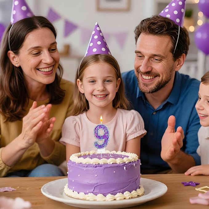 K-pop Number 9 Birthday Candle, Star Glitter Filled Number Candle, Purple Silver Fantasy Cake Topper for Birthday Party Decoration
