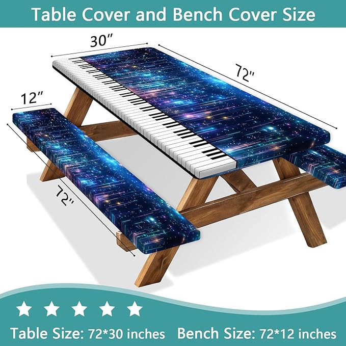 Piano Keyboard Picnic Table Cover with Bench Covers, Camping Essentials, Music Themed Waterproof Windproof, Fitted Tablecloth Cover with Elastic Edge, for Outdoor, Garden, 3 PCS, 30x72 Inch