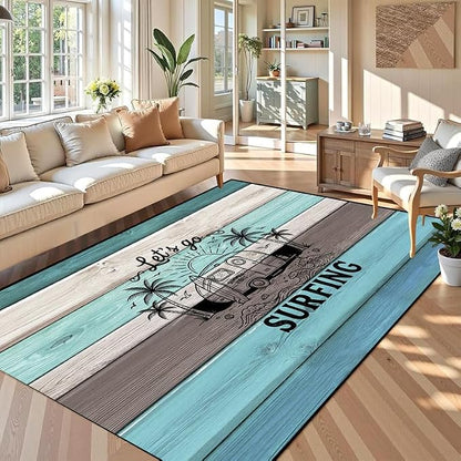 Surfing Area Rug Beach Van Palm Tree Carpet Retro Wood Grain Striped Rugs Non Slip Washable Floor Mat for Bedroom Living Room Nursery Playroom Classroom Home Decor,6'x9'