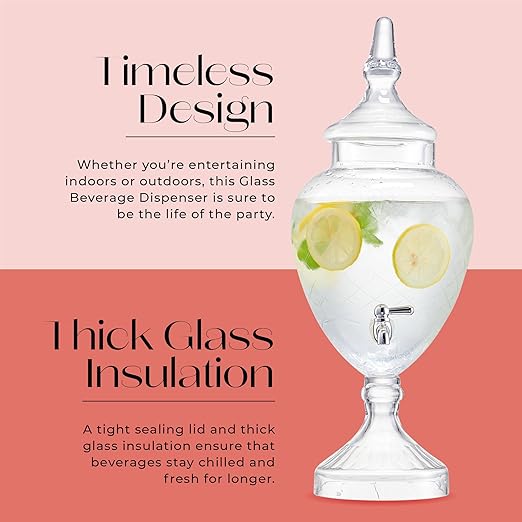 Beverage Dispenser for Countertop - 1 Gallon Large Glass Drink Dispenser w/Spigot & Lid - Party Drink Dispenser for Sweet Tea Lemonade Punch Water, Juice Dispensers for Parties
