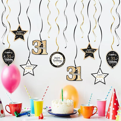 Happy 31st Birthday Black & Gold Glitter Swirls Streamers Party Decorations - 15 Pcs 31st Birthday Hanging Swirls Streamers Kit,Perfect for 31st Bday Party Sign.