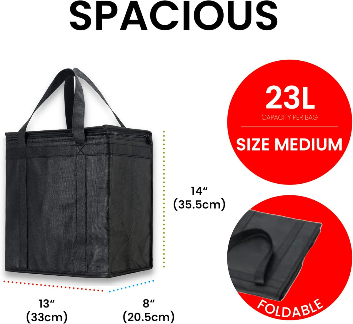 NZ Home Insulated Cooler Bag and Food Warmer (Medium, 2 pack) for Food Delivery & Grocery Shopping with Zippered Top, Black