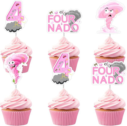Cheereveal 36Pcs Fournado Birthday Cake Decorations, Tornado Cupcake Toppers, Pink Weather Storm Theme 4th Bday Baby Shower Cupcake Picks Party Supplies