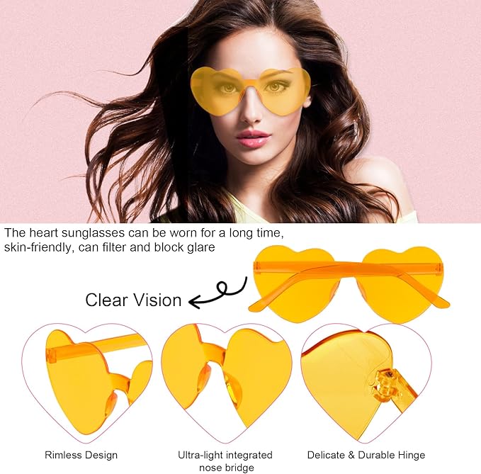 NACHLYNN 12 Pairs Yellow Heart Sunglasses for Women Rimless Heart Shaped Sunglasses Candy Heart Glasses for Party Favors