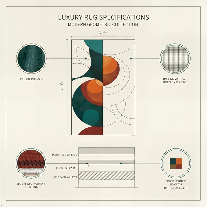 Mid Century Geometric Area Rug 3x5 – Retro Abstract Circle Pattern Rug for Living Room & Bedroom, Low Pile Washable Indoor Rug with Non-Slip Backing