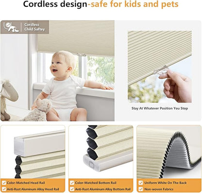 LazBlinds Cordless Cellular Shades, Blackout Privacy Honeycomb Shades for Home, Thermal Insulation Noise Reduction Blinds for Windows, 30'' W x 48'' H, Cream