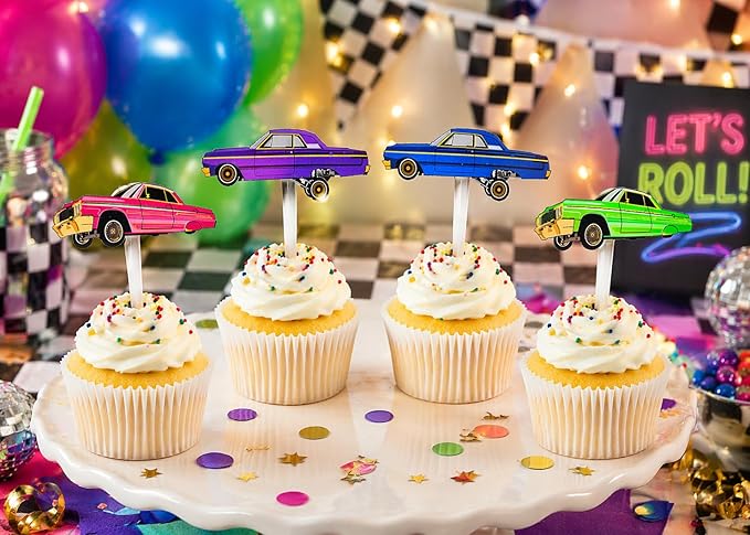 24 PCS Lowrider Cupcake Toppers - Lowrider Party Decorations - Cholo Theme Party - Lowrider Car Birthday Decorations - Pink, Blue, Green, Purple