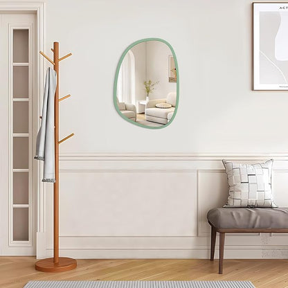 Wooden Framed Irregular Mirror - Modern Artistic Asymmetrical Oval Hanging Wall Mirror for Bathroom, Bedroom, Living Room, Entryway & Hallway
