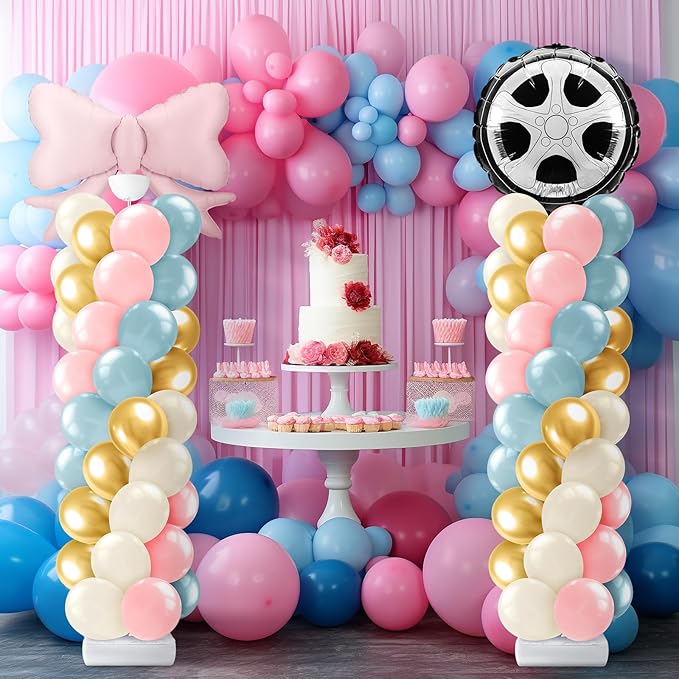 Lunmon 2 Sets Burnouts or Bows Gender Reveal Decorations, Burnouts or Bows Balloon Column Stand Kit Pink and Blue Balloon Arch Garland Kit for Baby Shower Party Supplies