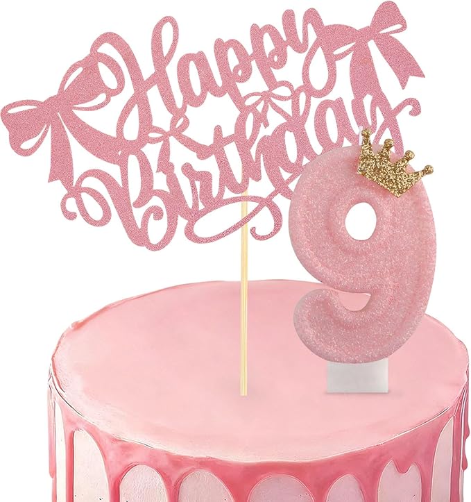Birthday Candles for Cake, Pink Number Candles, Cake Candles with Cake Topper for Birthday Party Wedding Anniversary Celebrations (9 Candle)
