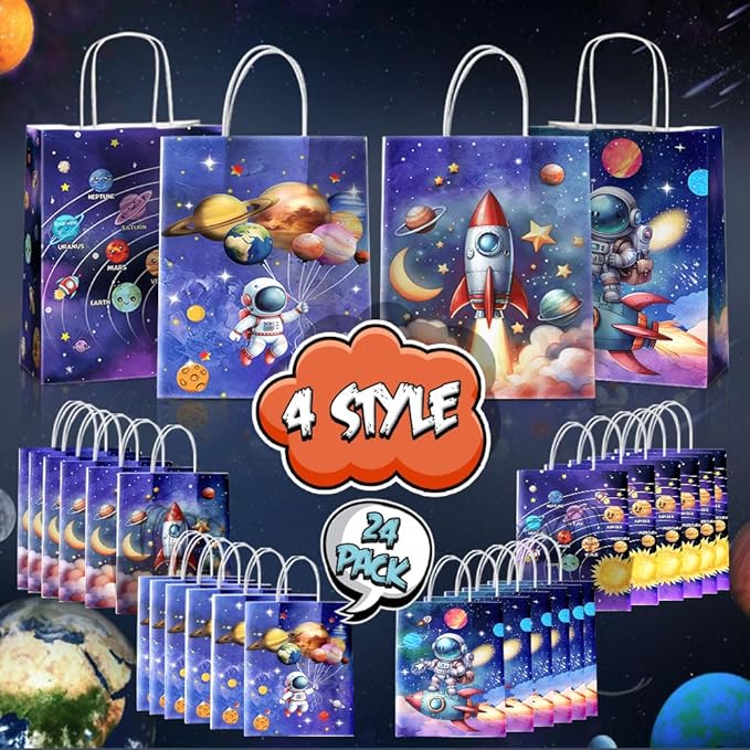24 Pcs Astronaut Party Favor Bags with Handles - Space Galaxy Themed Solar Eclipse Goodie Gift Candy Kraft Paper Bags for Kids Birthday Party Supplies Decorations