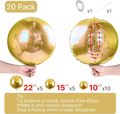 PartyWoo Metallic Gold Foil Balloons 20pcs Different Sizes Pack of 22 15 10 Inch Large Round Foil 4D Inflatable Mirror Ball Mylar Balloons for Graduation Birthday Baby Shower Party Decorations