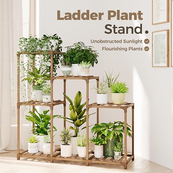 Bamworld Plant Stand Indoor Wood Plant Shelf Outdoor Tiered Plant Rack for Multiple Plants Upgrade 3 Tiers 7 Potted Ladder Plant Holder Plant Table for Mulitiple Pots Boho Decor Home Decor for Window Balcony Living Room Gardening Gifts