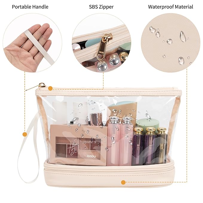Ethereal Clear Makeup Bag, Cream Small Cosmetic Bag Travel Makeup Bag for Women TSA Approved Toiletry Bag Portable Makeup Pouch