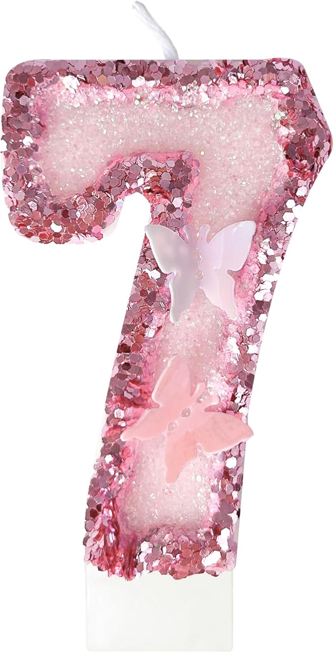 7th Birthday Candles，Glitter Butterfly Cake Toppers Pink Sequins Wedding Numeral Cupcake Decorations，Suitable for Girl and boy Wedding Cakes, Party Celebrations, Birthday Decorations