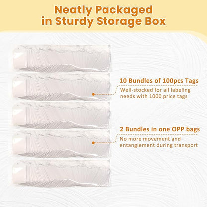 White Price Tags with String Attached 1000 PCS, 1.375 x 2.125 Inches, Goefun Writeable String Tags for Gift Bags, Hanging, Clothing, Jewelry, Garage/Yard Sale, Inventory, 250 GSM