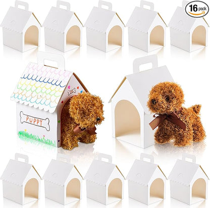 ShinyRelief 16 Pcs Dog Party Favors Boxes Dog House Shaped Treat Gift Boxes with Holes Foldable with Handle for Adopt a Puppy Party Favors Kid DIY Crafting Birthday (House Style)