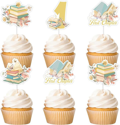 Cheereveal 24Pcs Storybook Cupcake Toppers, Storybook 1st Birthday Cupcake Picks, First Chapter Book Club Themed 1st Bday Baby Shower Decorations Supplies