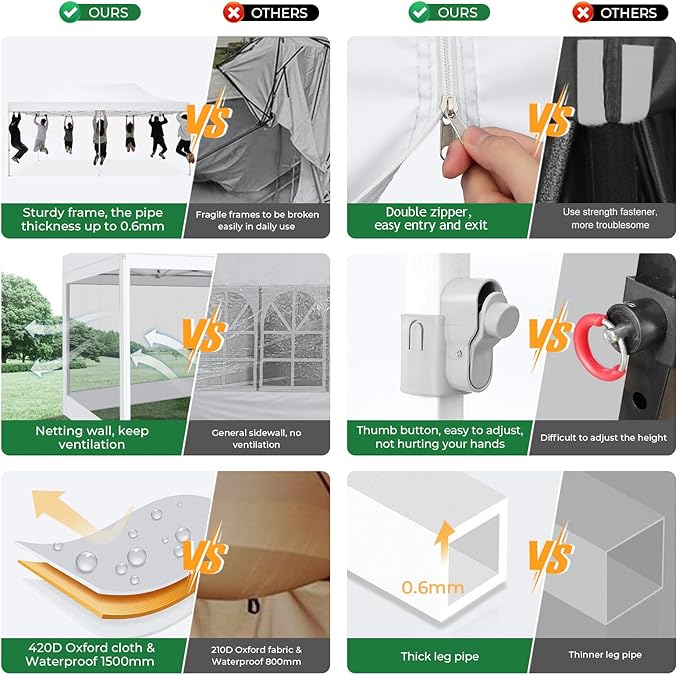 COBIZI 10x20 Heavy Duty Pop Up Canopy Tent with 6 Sidewalls, Easy Set Up Outdoor Waterproof Screen Commercial Party Tent with Mosquito Netting for Parties Backyard Patio, Roller Bag, White