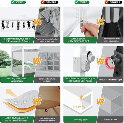 COBIZI 10x20 Heavy Duty Pop Up Canopy Tent with 6 Sidewalls, Easy Set Up Outdoor Waterproof Screen Commercial Party Tent with Mosquito Netting for Parties Backyard Patio, Roller Bag, White
