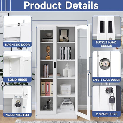 Glass Display Cabinet With Doors, 4 Adjustable Shelves