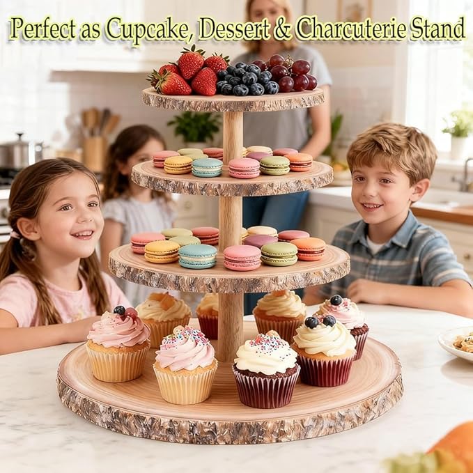 Cupcake Stand, 4 Tier Large Cupcake Stand Rustic Dessert Table Display Set Wood Cupcake Tower Cake Stand Tiered Tray Stand for Wedding Birthday Shower Comes with 10 Sets Wooden Utensils