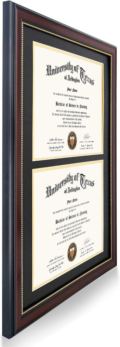 GraduationMall 14x20 Double Diploma Frame, Display 8.5x11 Certificate with Black over Gold Mat,UV Protection Acrylic,Mahogany with Gold Beads