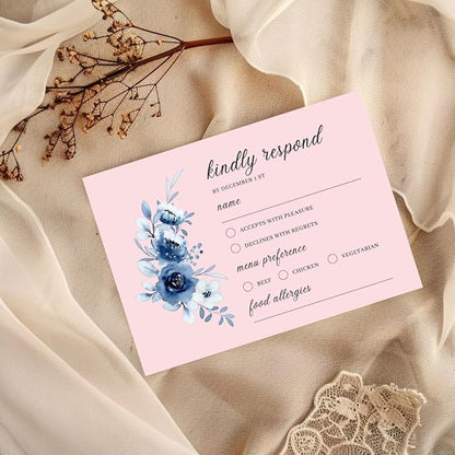 crafty-bell Glossy Finish Personalized Wedding RSVP Response Cards with White Envelopes, Blue Floral Design, 15 Count Respond Cards in Glossy Finish (Pink)