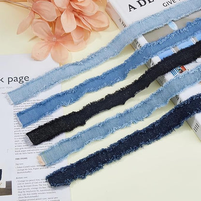 SUPERFINDINGS 5 Rolls Total 10 Yards Fringes Fabric Ribbon 0.98" Width Denim Ribbon Wrapping Frayed Cotton Jean Fabric Ribbon for Gifts Wrapping Hair Sewing Accessories Weddding Decor