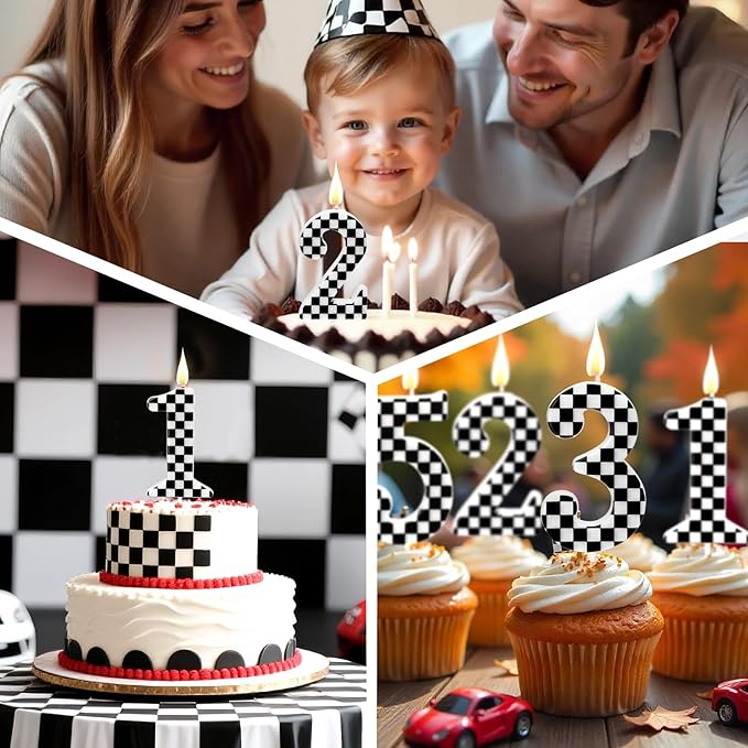 Racing Car Themed Birthday Candles, Number 7 Checkered Candles, Black & White Checkered Cake Decoration, Car Cake Topper for Party Decoration Theme Party Supplies
