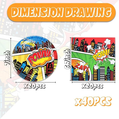 40pcs Super Theme Hero Party Decorations Hero Action Sign Plates Napkins for Comic Heroes Birthday Decorations Hero's Action Sign Cityscape Buildings Tableware Set,Suitable for 20 Guests