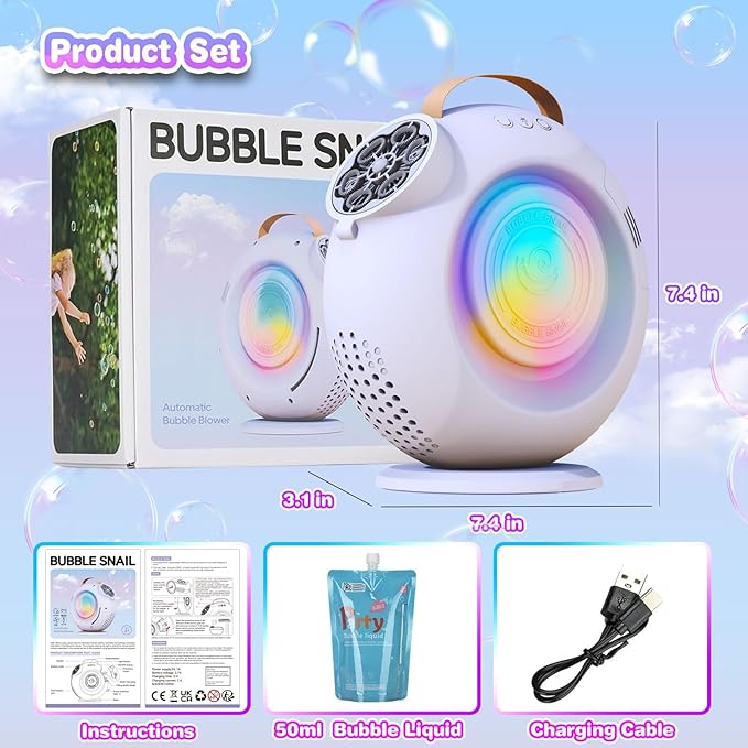 Automatic Bubble Machine for Kids & Toddlers, Rechargeable 15000+ Bubbles Per Minute with 90°/360° Rotation & LED Light - Bubble Blower for Birthday Wedding Outdoor Party Gifts
