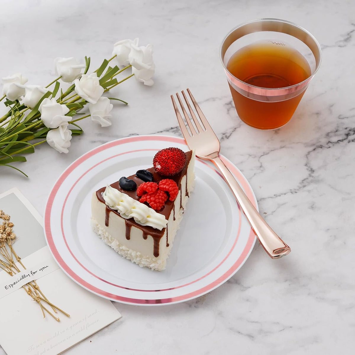 BESTVIP 450PCS Plastic Dinnerware Set (75 Guests), Rose Gold Disposable Plates for Party, Wedding, Christmas, Anniversary, Includes: Dinner Plates, Dessert Plates, Cups, Spoons, Forks and Knives