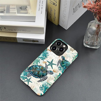 for iPhone 14 Pro Max Case,HH2 Ocean Sea Turtle Nautical Map Hybrid 2 Layer Hard Shell Silicone Protective Pattern Design Case