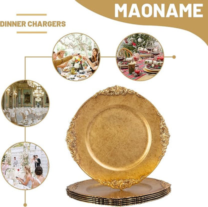 MAONAME Antique Gold Charger Plates, Round Antique Plate Chargers for Dinner Plate, 13" Plastic Charger for Plates, Wedding Table Setting, Set of 6