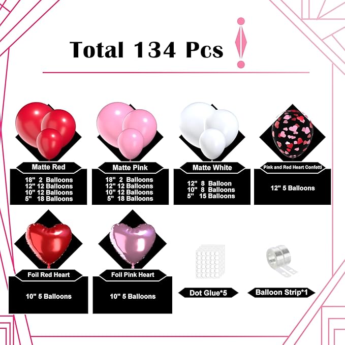 Lukiituke Valentines Balloon Arch Kit,134Pcs 4 Size Red and Pink Balloons with Foil Heart Shape Balloons for Valentine's Day Birthday Wedding Party Decorations