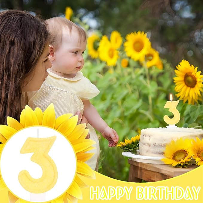 Yellow Birthday Candles for Boys Girls - Number 3 Candle Cake Topper for Yellow Party Decorations Sunflower Birthday Decorations